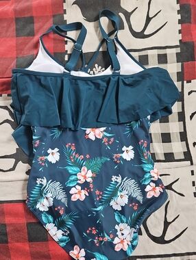 BloomChic Teal Floral One-Piece Swimsuit with Ruffle